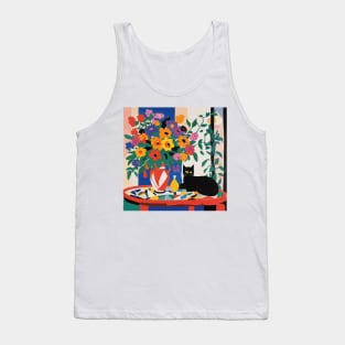 Black Cat Modern Still Life Painting Flowers in Red and White Geometric Vase Tank Top